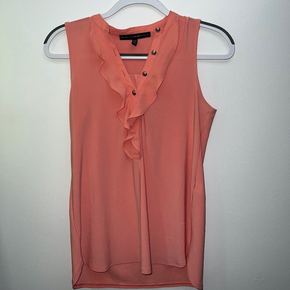 White House Black Market Womens Blouse Top Sleeveless Ruffle Neck Peach XSP